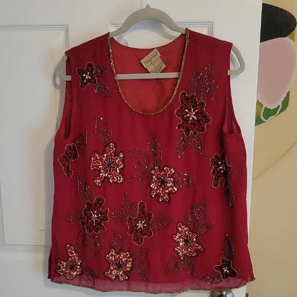 Midnight Velvet Floral beaded Sleeveless cranberry Top